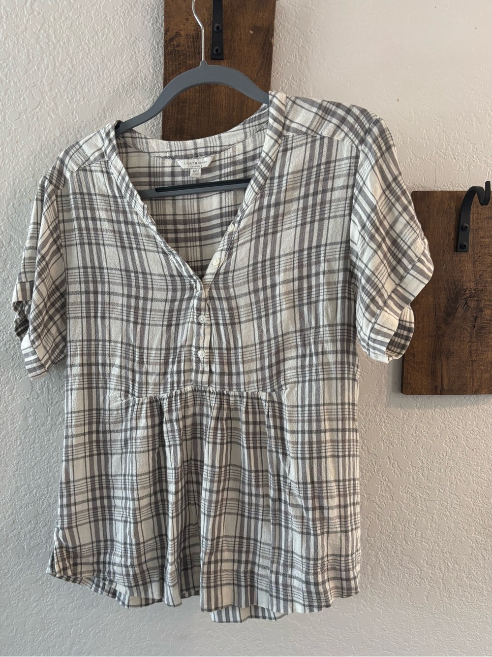 Lucky Brand Cream and Brown Plaid Babydoll Button-Front Top
